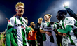 FC Dordrecht midfielder Jari Schuurman celebrates the win with the supporters during the m...
