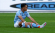 New York City FC forward Alonso Martinez #16 sits on the pitch after being knocked down by...