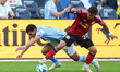 New York City FC forward Monsef Bakrar #9 and New York Red Bulls midfielder Felipe Carball...
