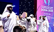 A Qatari traditional band performs during the opening ceremony of the ITTF World Table Ten...