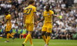 Yankuba Minteh of Brighton & Hove Albion interacts with Mats Wieffer of Brighton & Hove Al...