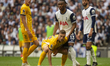 Joel Veltman of Brighton & Hove Albion blocks Destiny Udogie of Tottenham Hotspur during t...