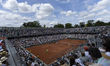 Alexander Zverev serves against Jesper De Jong at the Roland Garros Grand Slam Tournament...
