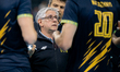 Raul Lozano, head coach for the Ukraine national team, is seen during the volleyball match...