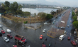 An aerial view shows flooded streets near the La Colmena pumping plant on the border betwe...