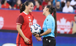 Jessie Fleming #17 of Canada speaks with the referee during the Women's International Frie...