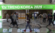 Visitors enter the exhibition hall of EV Trend Korea 2025 at Coex in Gangnam District, Seo...