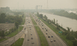 MONTREAL, CANADA - JUNE 6:A view of traffic on Road 132 with downtown Montreal obscured b...