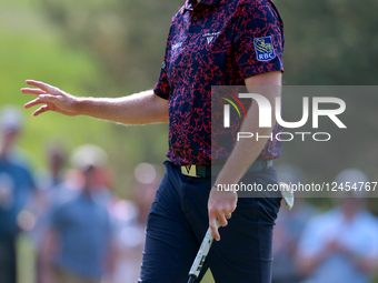 CALEDON, ONTARIO - JUNE 07: Taylor Pendrith of Canada acknowledges the fans after putting on the 16th green during the third round of the RB... by Amy Lemus/NurPhoto
