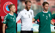 (L-R) Justas Lasickas, goalkeeper Edvinas Gertmonas, and Artemijus Tutyskinas of Lithuania...