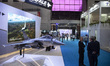 The mockup of the Rafale multirole jet fighter is displayed at the French pavilion during...