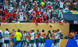 Jose Manuel Lopez of Palmeiras celebrates with a teammate after scoring the second goal du...