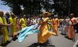 Nepali devotees take part in the annual Jagannath Rath Yatra in Kathmandu, Nepal, on June...
