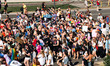 Demonstrators with rainbow flags and banners participate in the Milano Pride 2025 parade w...