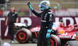 George Russell of Mercedes-AMG Petronas celebrates after qualifying for the 13th round of...