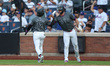 New York Mets Francisco Lindor (12) is congratulated by Pete Alonso (20) after scoring dur...