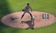 New York Yankees starting pitcher Carlos Rodon (55) throws during the fifth inning of the...