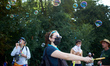 People make soap bubbles during the protest. Opponents of the planned A69 highway gather i...