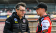 Belle Vue Aces' Team Manager Mark Lemon (left) stands with Belle Vue Colts' rider Billy Bu...
