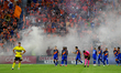 Players follow a Cincinnati first-half goal during the Major League Soccer match between F...