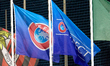 The official flags of UEFA are displayed during the UEFA Champions League First qualifying...