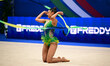Barbara Domingos celebrates on the podium during the FGI Rhythmic Gymnastics World Cup 202...