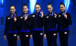 The Japan Rhythmic Gymnastics national team celebrates on the podium during the FGI Rhythm...