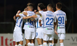 Vitalii Buyalski (left) of Dynamo Kyiv reacts in celebration with his teammates after scor...