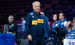 Julio Velasco, head coach for the Italy national team, is seen during the volleyball match...