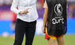 Montse Tome Vazquez head coach of Spain gives instructions  to Esther Gonzalez forward of...