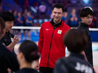 Ferhat Akbas, head coach for the Japan national team, is seen during the volleyball match between Japan and Turkey in Lodz, Poland, on July...
