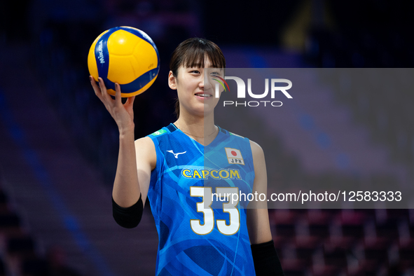 Miku Akimoto plays during the volleyball match between Japan and Turkey in Lodz, Poland, on July 24, 2025. This is the VNL Volleyball Nation...