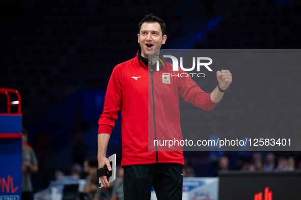 Ferhat Akbas, head coach for the Japan national team, is seen during the volleyball match between Japan and Turkey in Lodz, Poland, on July... by Marcin Golba/NurPhoto