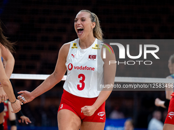 Cansu Ozbay plays during the volleyball match between Japan and Turkey in Lodz, Poland, on July 24, 2025. This is the VNL Volleyball Nations... by Marcin Golba/NurPhoto