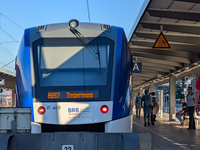 A BRB regional train on route RB57 to Tegernsee stands at the platform in the early morning at Munich Main Station in Munich, Bavaria, Germa...