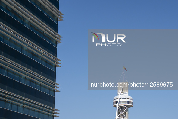 A view of the tower of the Myriad hotel in Lisbon, Portugal, on July 26, 2025. The area, built for Expo '98, features wide promenades, garde...