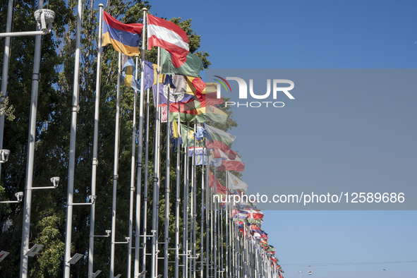 A general view of flags in Lisbon, Portugal, on July 26, 2025. The area, built for Expo '98, features wide promenades, gardens, and waterfro...