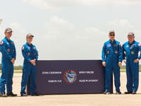 Crew 11 poses for the media after their arrival at the Kennedy Space Center. From left to right: JAXA Astronaut Kimiya Yui, NASA Astronaut Z...