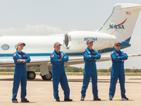 Crew 11 poses for the media after their arrival at the Kennedy Space Center. From left to right: NASA Astronaut Zena Cardman, NASA Astronaut...