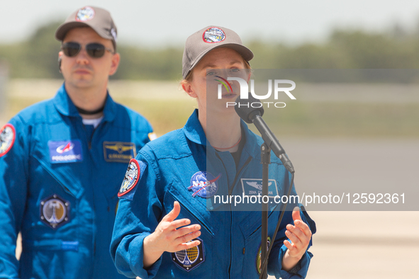 Crew 11 commander Zena Cardman answers questions from the media after the astronauts of the mission arrive at the Kennedy Space Center. Crew...