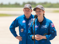Crew 11 commander Zena Cardman answers questions from the media after the astronauts of the mission arrive at the Kennedy Space Center. Crew...