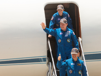 Commander Zena Cardman (NASA), Pilot Mike Fincke (NASA), and Mission Specialist Kimiya Yui (JAXA) arrive at the Kennedy Space Center. The Cr...