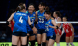 Japan players celebrate after scoring a point during the 3rd place match between Poland an...