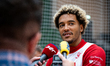 Jeremy Sochan talks to the media during a training session with the Polish national basket...