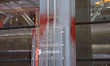 Some red paint remains on the facade and main sign of The New York Times Building in New Y...