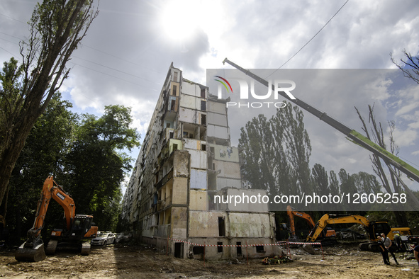 On August 1, 2025, in Kyiv, Ukraine, search and rescue operations are completed at the site where a Russian missile strikes a multi-storey r...