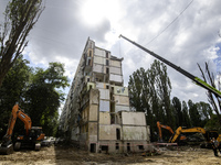 On August 1, 2025, in Kyiv, Ukraine, search and rescue operations are completed at the site where a Russian missile strikes a multi-storey r...