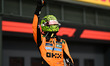 Lando Norris of the McLaren F1 Team celebrates on the podium during the race of the Hungar...