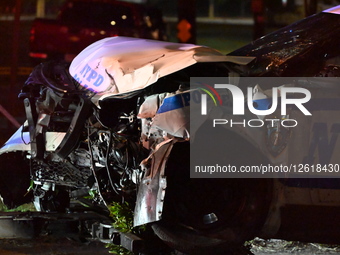 Two NYPD police vehicles collide as they respond to a crime in progress and as a result, are heavily damaged at Beach 34th Street and Seagir... by Kyle Mazza/NurPhoto