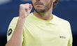 Taylor Fritz of the United States celebrates a point against Andrey Rublev of Russia durin...